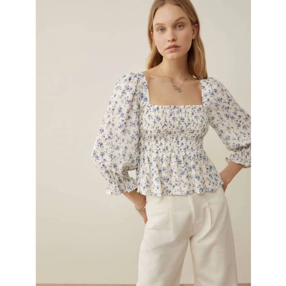 Reformation White and Blue Floral Braelyn Blouse Top S - Picture 4 of 9